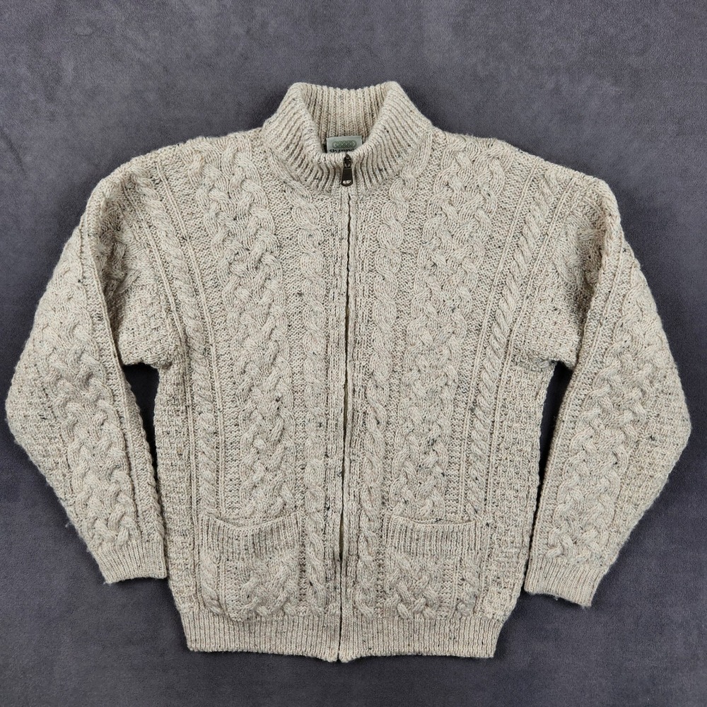 Shannon Woolen‎ Mills Cable Knit Full Zip Cardigan Sweater Ireland Mens Small